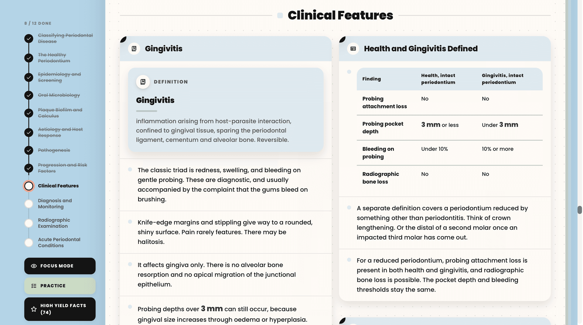 A Recall Dentistry note in focus mode, showing a definition and a comparison table